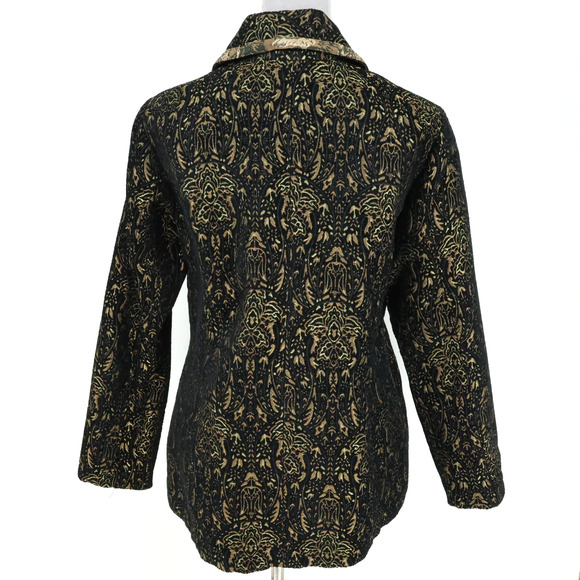 Chicos Jacket 1 Womens Medium 8 Black Gold Metallic Lined Burn out Brocade New - Picture 2 of 16